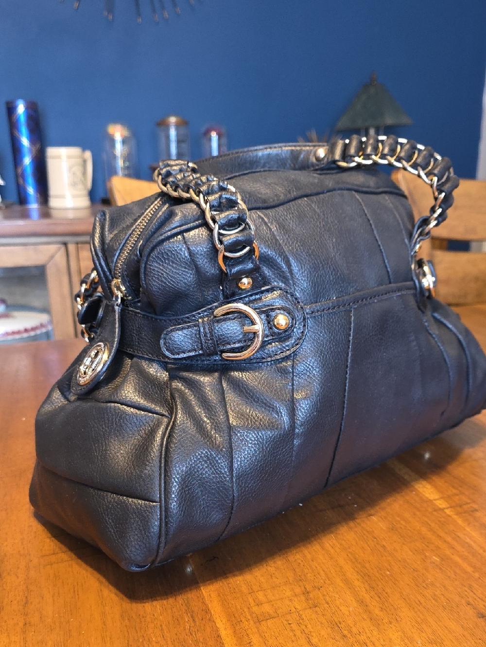 bebe Black Leather Shoulder Bag with Gold Chain Accents - Picture 16 of 16